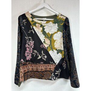 Anthropologie TINY Women Green Floral "Patchwork Blooms" Tie Waist Blouse Medium